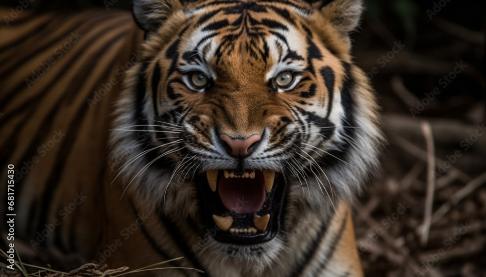 Bengal tiger staring with fury, showing off sharp teeth generated by AI