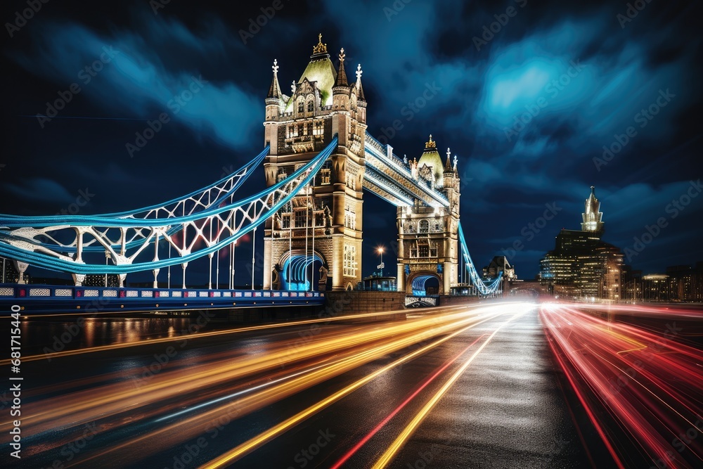 Obraz na płótnie Tower Bridge in London at night, UK. Long exposure, UK London Tower Bridge at night, AI Generated w salonie