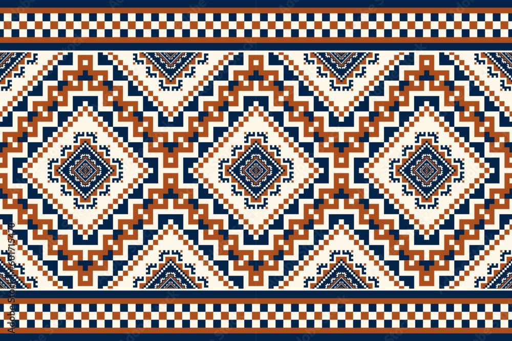 Ethnic geometric border pattern. Vector ethnic geometric square shape seamless pattern pixel art style. Ethnic geometric pattern use for textile border, table runner, wallpaper, carpet, rug, etc. - obrazy, fototapety, plakaty 