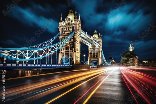 Tower Bridge in London at night, UK. Long exposure, UK London Tower Bridge at night, AI Generated