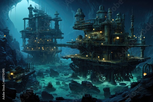Fantasy landscape of the underwater world. 3d render illustration, under water deep sea mining, AI Generated © Iftikhar alam