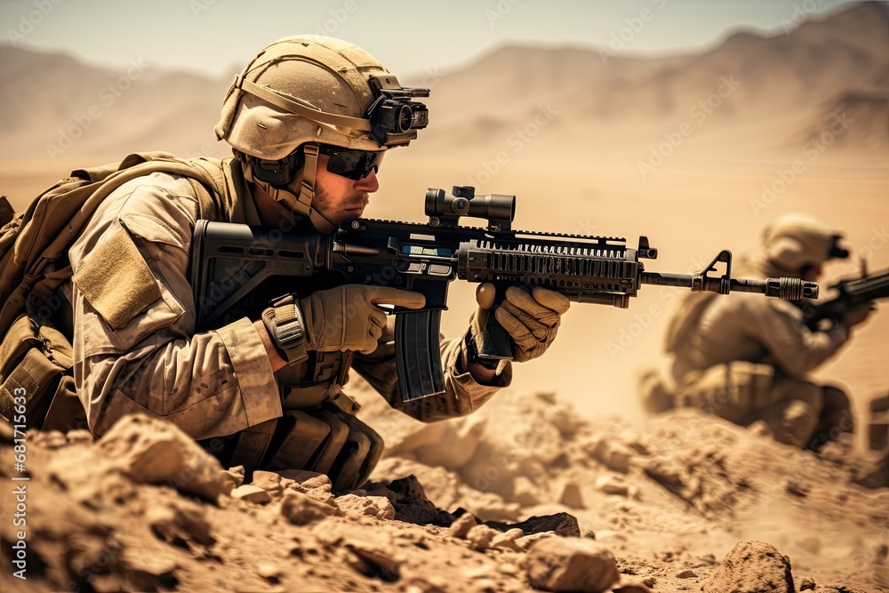 United States Navy special forces soldier with assault rifle in the desert, United States Marine Corps Special forces soldiers in action during a desert mission, AI Generated - obrazy, fototapety, plakaty 