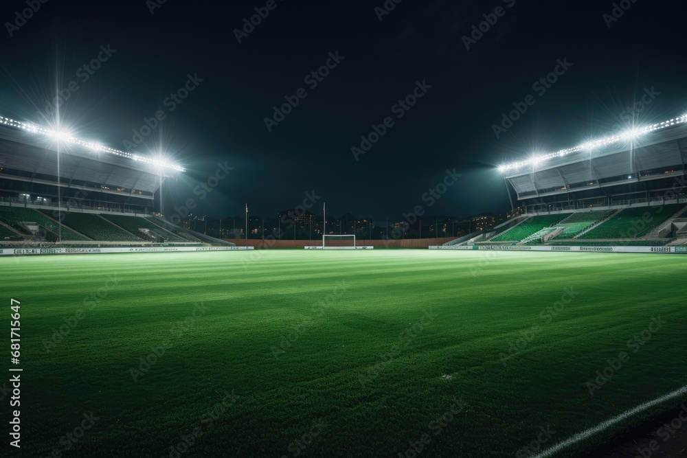 Empty soccer stadium at night with lights and spotlights. Perspective view, universal grass stadium illuminated by spotlights and empty green grass playground, AI Generated Empty soccer stadium at night with lights and spotlights. Perspective view, universal grass stadium illuminated by spotlights and empty green grass playground, AI Generated