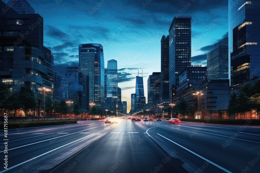 the light trails on the modern building background in shanghai china, Urban Dusk Landscape of CBD Central Business District, Beijing, China, AI Generated