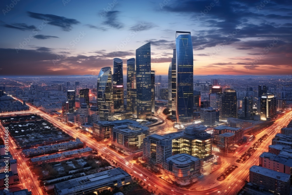Aerial view of the modern city at night, Moscow, Russia, Urban Dusk Landscape of CBD Central Business District, Beijing, China, AI Generated Aerial view of the modern city at night, Moscow, Russia, Urban Dusk Landscape of CBD Central Business District, Beijing, China, AI Generated