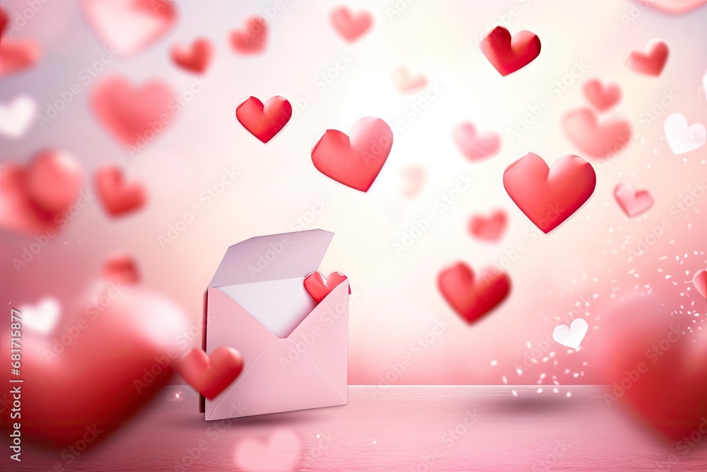 Love letter with hearts flying out of the envelope. Valentine's day concept, Valentine day background. Stream of fly out red and pink paper hearts on pink color backdrop, AI Generated