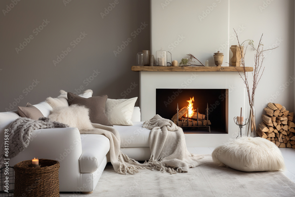 Interior design of modern living room with White sofa with pillows and woolen blanket near fireplace Interior design of modern living room with White sofa with pillows and woolen blanket near fireplace