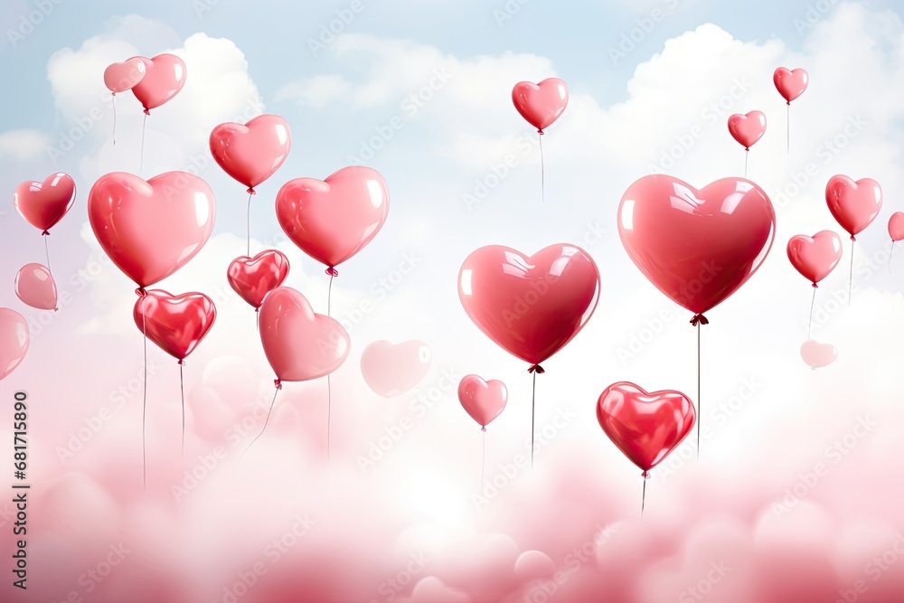 Valentine's day background with heart-shaped balloons and clouds, Valentines day background with heart shaped balloo, AI Generated