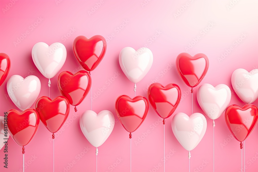 Valentine's day background with red and white heart shaped balloons on pink background, Valentines day background with heart shaped balloo, AI Generated