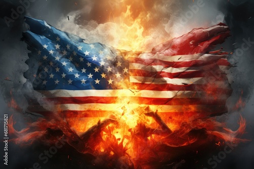 United states of America flag burning in flames with smoke and fire effect, usa vs russia war flags divided with fire, AI Generated
