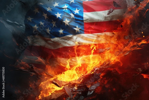 American flag burning in flames on dark background. Close up, usa vs russia war flags divided with fire, AI Generated photo