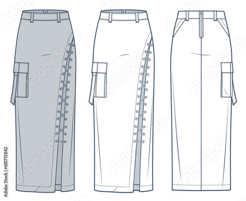 Lace Up Skirt technical fashion illustration. Maxi Skirt fashion flat technical drawing template, asymmetric, front slit, back zipper, pocket, front and back view, white, grey, women CAD mockup set.