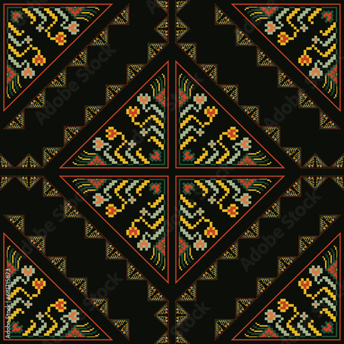 Ethnic geometric floral embroidery pattern. Vector ethnic geometric square floral shape seamless pattern. Ethnic geometric floral stitch pattern use for textile, home decoration elements, upholstery.