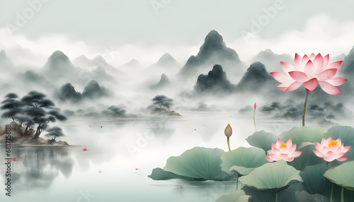 summer morning  lotus  pond and distant mountain clouds and fog.