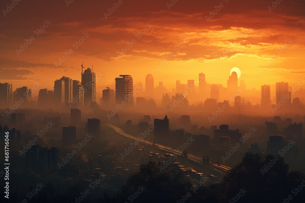 Naklejka premium Foggy cityscape in the morning at sunrise. 3d rendering, Verbotene Stadt in Beijing Panorama, AI Generated