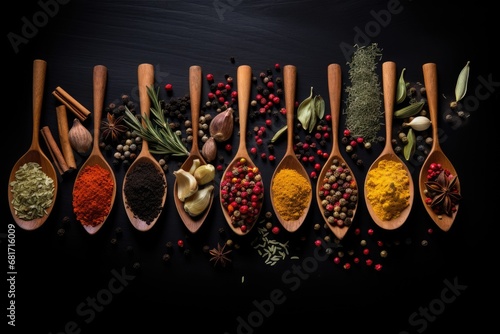 Spices and herbs in wooden spoons on black background, top view, Various spices in spoons on black background. Top view with copy space, AI Generated