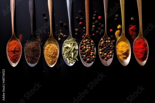 Spices and herbs in metal spoons on a black background, Various spices in spoons on black background. Top view with copy space, AI Generated