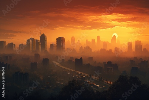 Foggy cityscape in the morning at sunrise. 3d rendering  Verbotene Stadt in Beijing Panorama  AI Generated