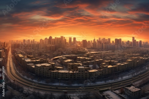 Cityscape at sunset, aerial view of the city, China, Verbotene Stadt in Beijing Panorama, AI Generated