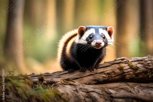 European polecat sitting on a log in forest