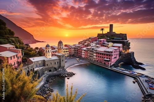 Sunset over Vernazza village in Cinque Terre, Italy, Vernazza village. Cinque Terre National Park, Italy, AI Generated photo