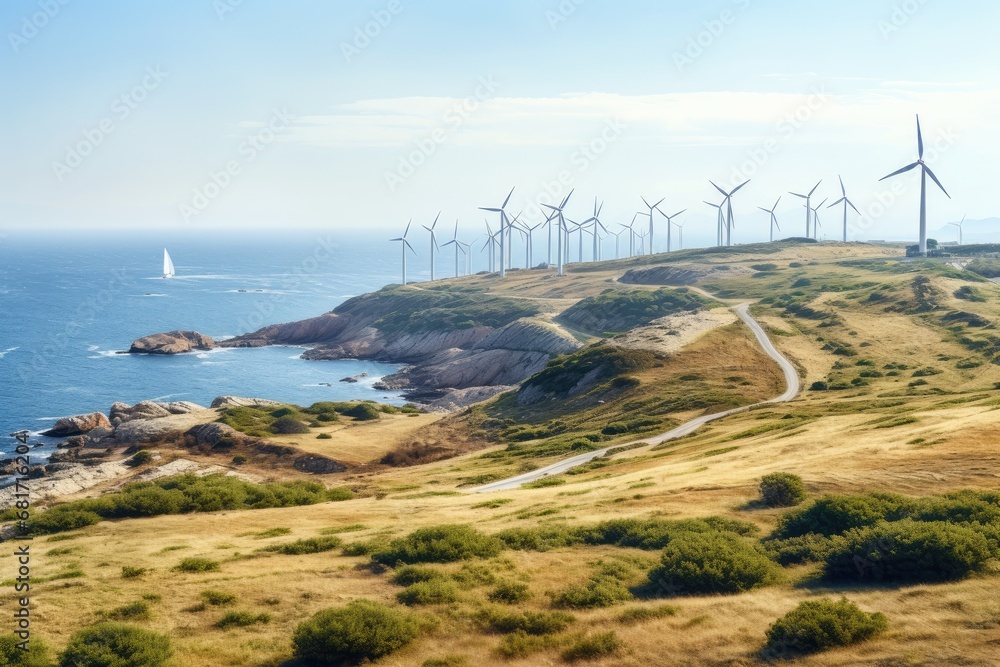 wind turbines on the top of a hill with the sea in the background, View from Cape Kaliakra to an offshore wind farm in Bulgaria, AI Generated
