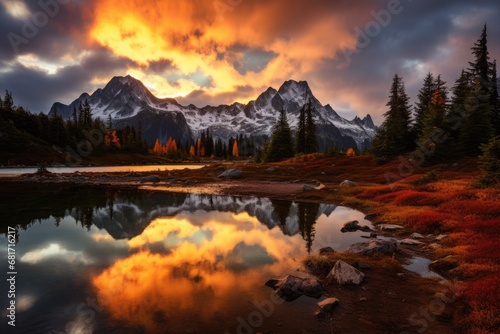 Autumn in the Canadian Rockies. The concept of active, ecological and photo tourism, View from Picture lake of Mount Shuksan while the sunrise breaks through a incoming storm, AI Generated