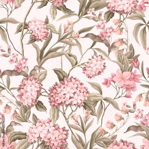 Seamless pattern with pink flowers. Vector.