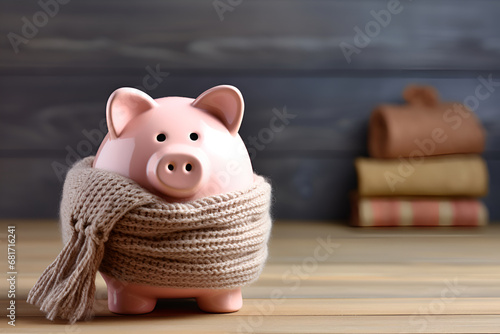 Piggy bank wrapped with a scarf, energy saving concept photo
