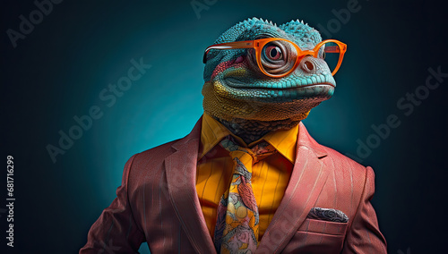 illustration of a lizard man wearing red glasses and a matching suit