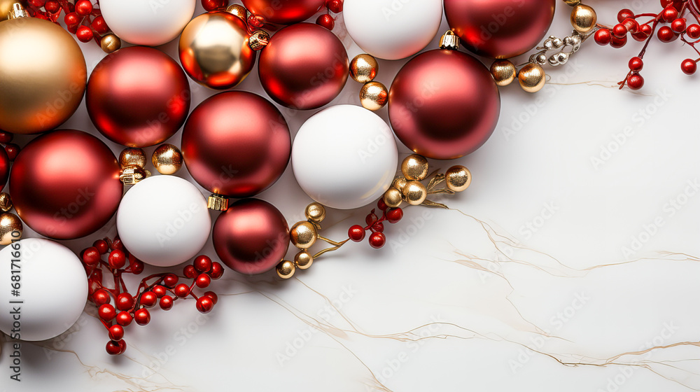 Christmas and New Year holiday background with colorful christmas balls. Christmas decoration on white background. Top view with copy space. Generative AI technology. Christmas and New Year holiday background with colorful christmas balls. Christmas decoration on white background. Top view with copy space. Generative AI technology.