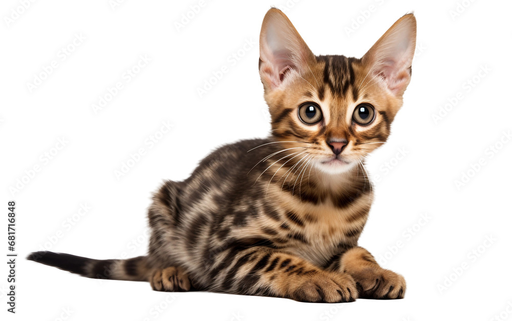 Elegant Bengal Beautiful Cat with Tail is Sitting Isolated on Transparent Background PNG.