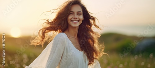 In a picturesque spring sunset, a happy woman with flowing hair exemplified the essence of beauty in her stylish summer fashion, radiating a cute smile and confidence while attending a party, her