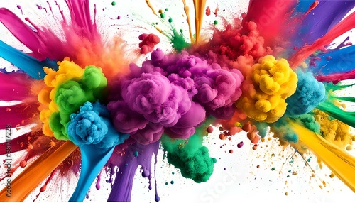 colorful vibrant rainbow Holi paint color powder explosion with bright colors isolated, Abstract closeup dust on backdrop. Colorful explode. Paint holi, rainbow, explosion of colored powder.