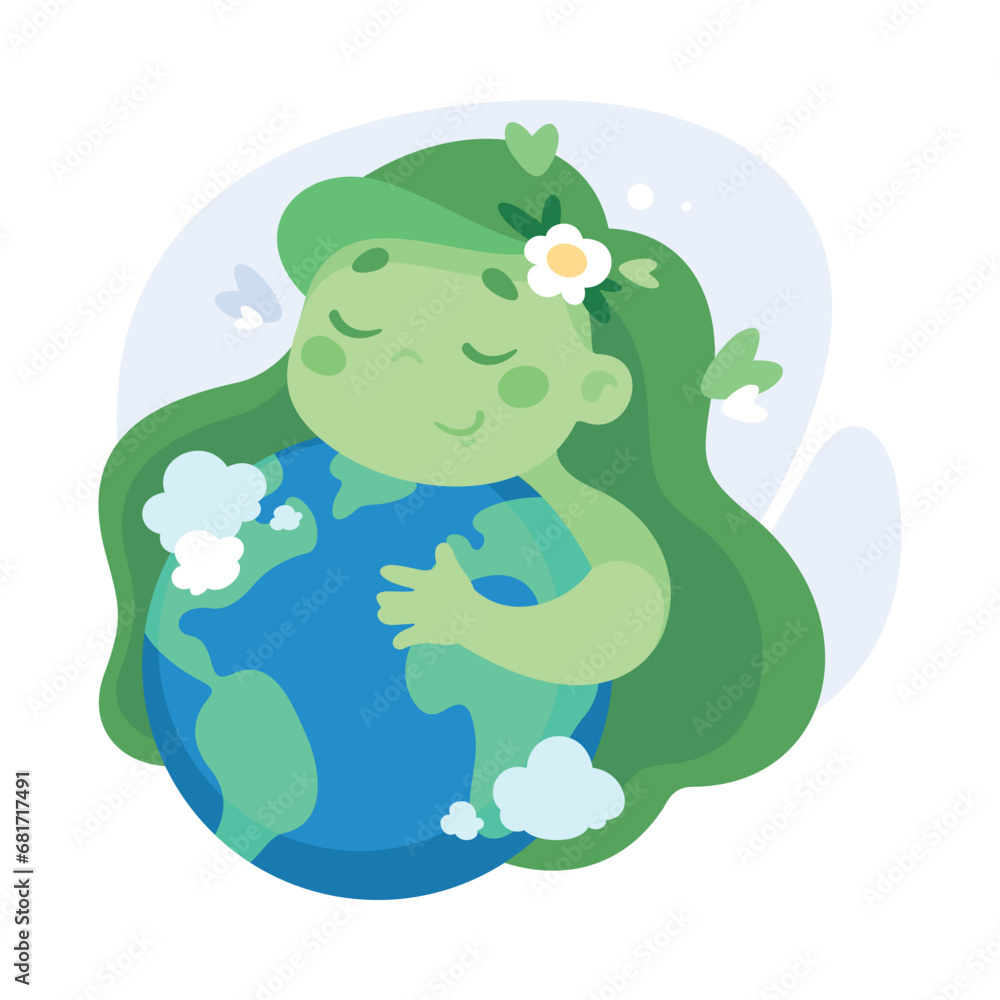 Ecology with Girl Character Embrace Earth Globe Enjoy Sustainable Lifestyle Vector Illustration Ecology with Girl Character Embrace Earth Globe Enjoy Sustainable Lifestyle Vector Illustration