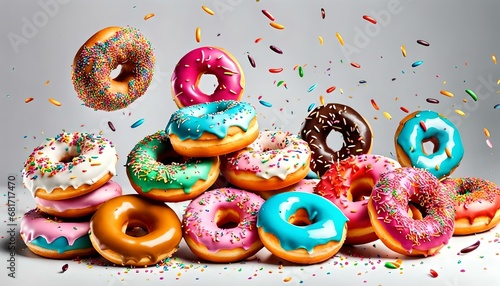Frosted sprinkled donuts. Set of multicolored doughnuts with sprinkles, Various colourful donuts, glazed donuts on pink background.