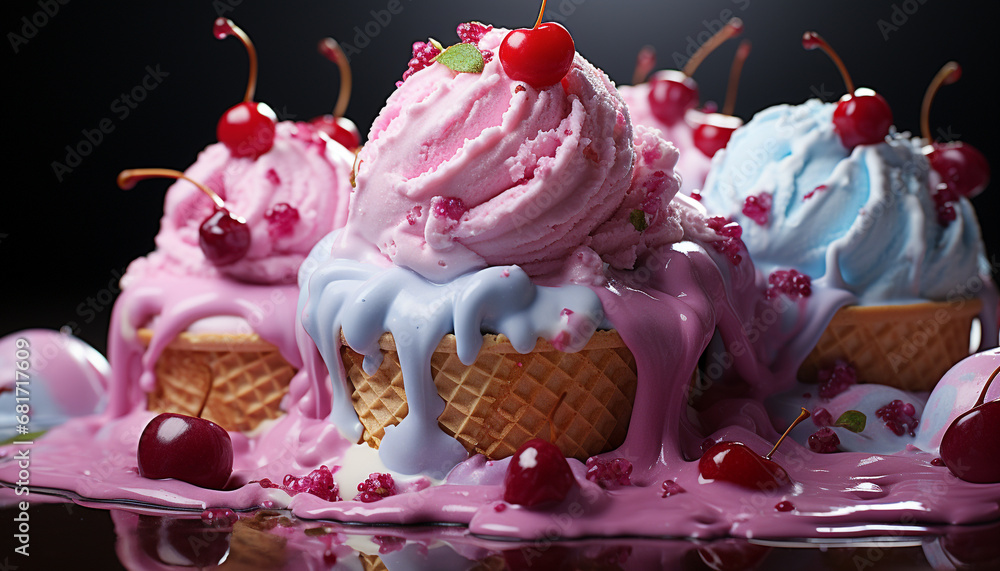 Homemade ice cream sundae, a cute and indulgent party treat generated by AI Homemade ice cream sundae, a cute and indulgent party treat generated by AI