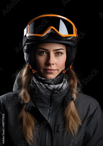 Beautiful young woman with a ski helmet and goggles on a dark background. Generative AI. © Simona
