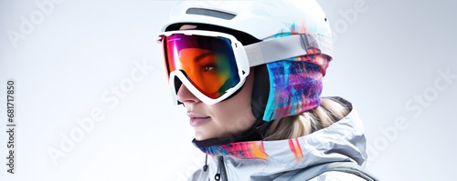 Beautiful young woman with a ski helmet and goggles on a light background. Generative AI.