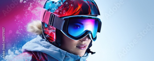 Beautiful young woman with a ski helmet and goggles on a light background. Generative AI.
