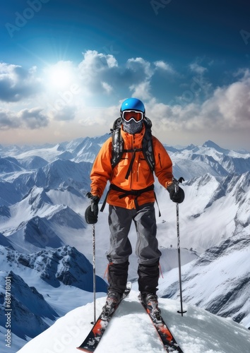 Skier standing on a big mountain ready to ski. Generative AI.