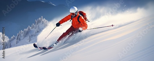 A skier skis downhill. Carving arch. Generative AI. © Simona