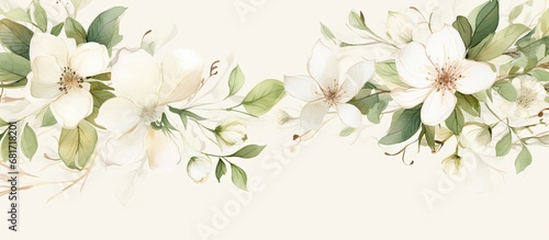 In her elegant and artistic watercolor illustrations, she beautifully showcased a vintage-inspired flower design, with delicate white petals floating on a bed of vibrant spring leaves, all framed © 2rogan