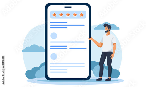 Flat vector illustration. A man is rating an app. A high rating of five stars. Illustration for a request to rate the work. Vector illustration