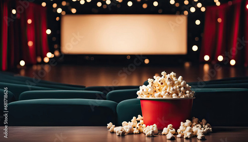Popcorn in cinema with blank screen and copy space