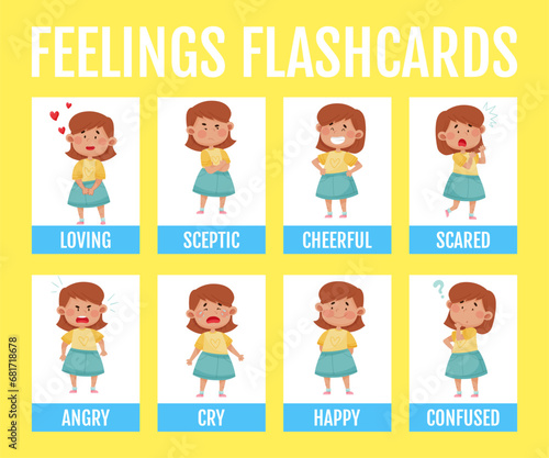 Girl Character Show Emotion and Face Expression Flashcard Vector Set