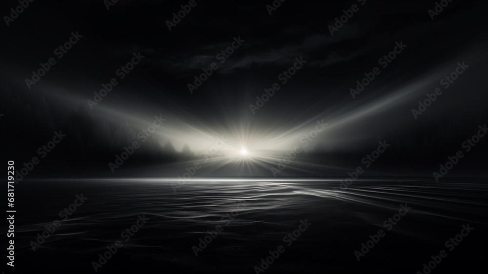 Landschaft mit Bäumen und Himmel (dunkel gehalten) mit sehr hellem Lichteffekt in schwarz weiß und mit Platz für Text. 16:9 Querformat. Generative Ai. - obrazy, fototapety, plakaty 