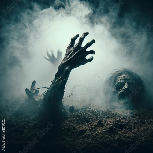 A Terrifying Scene as a Zombie Hand Emerges from the Foggy Ground, Evoking Fear and Dread. ai generative