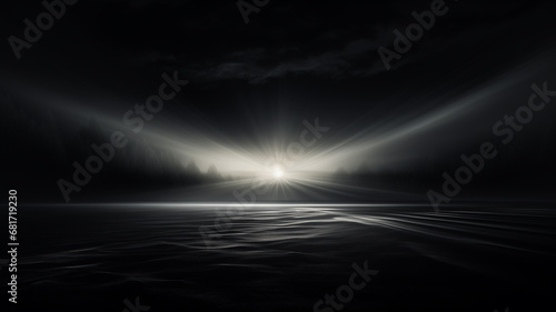 Landschaft mit Bäumen und Himmel (dunkel gehalten) mit sehr hellem Lichteffekt in schwarz weiß und mit Platz für Text. 16:9 Querformat. Generative Ai. photo