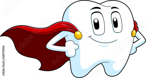 Cute Superhero Tooth Cartoon Character. Vector Hand Drawn Illustration Isolated On Transparent Background